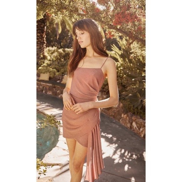 Saylor Metallic Glittering Cocktail Mini Dress NWT Nude Pink Rose Large Ruched